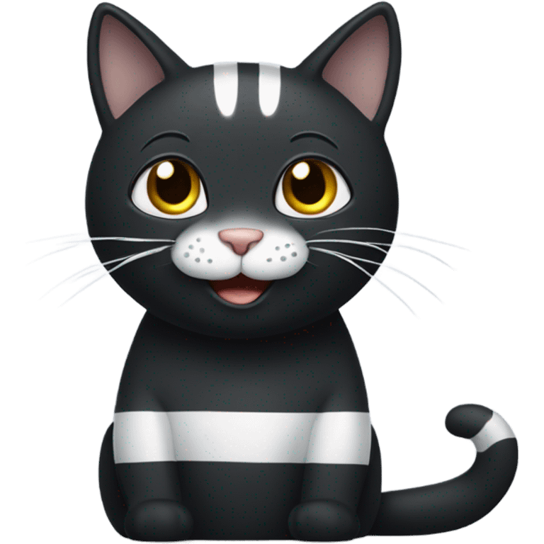 Black Cat with white paws and grey stripes that is smiling emoji