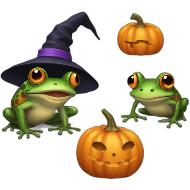 Witch frog with pumpkin and Skelton frog emoji