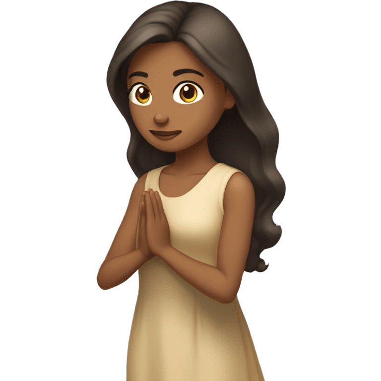 A woman kneeling praying, in a long dress, long dark brown hair, light tanned skin emoji