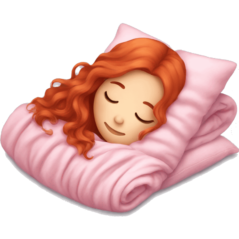 Red hair girl with long wavy hair sleeping with pink blanket and cute pillow emoji