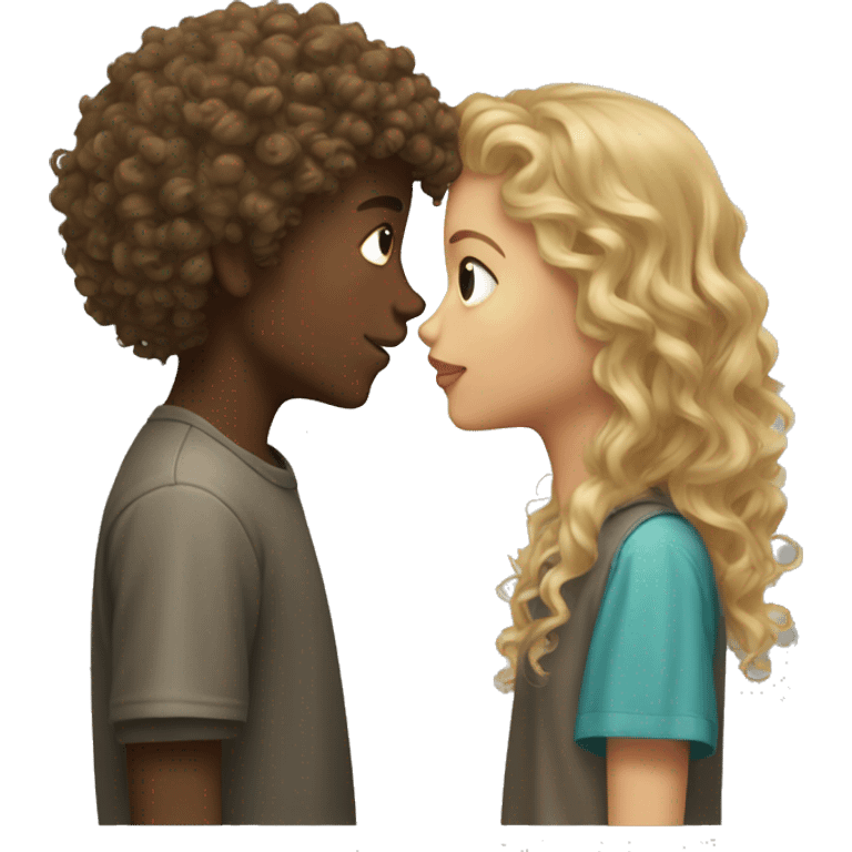 Dark blond girl kissing mixed curly haired boy emoji