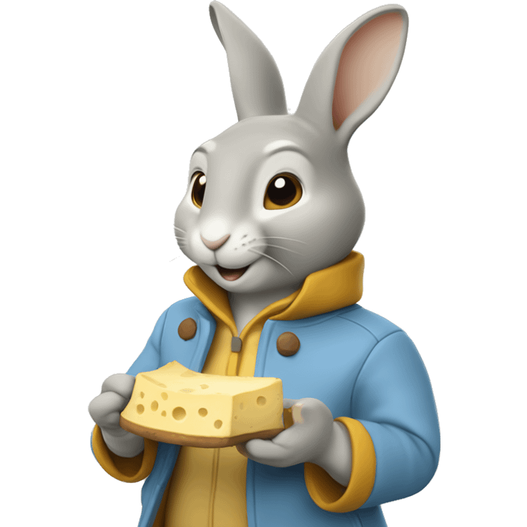 Peter rabbit: a yellow rabbit wearing a light blue jacket. Eating a gorgonzola cheese emoji