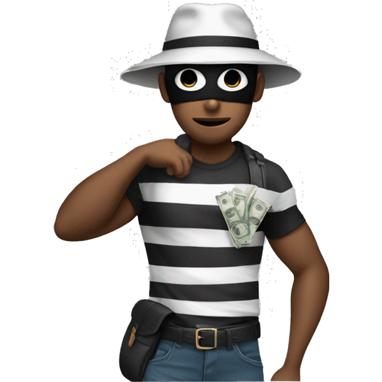 Thief is wearing a T-shirt with white and black stripes, a mask over his eyes, a black hat, and a bag of money slung over his shoulder emoji