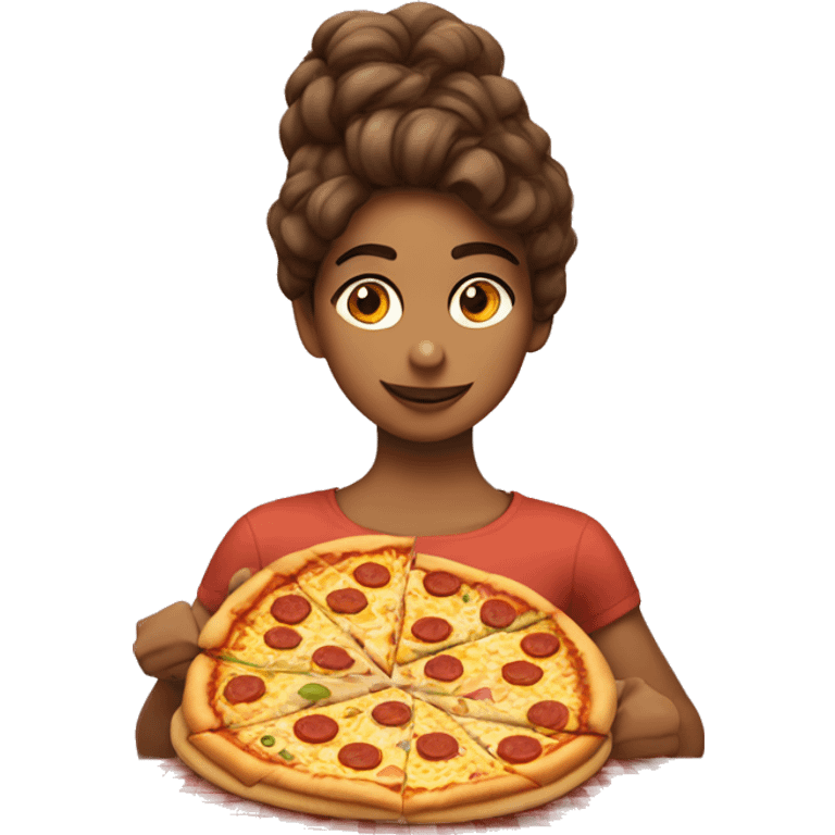 Chica con el pelo marrón comiendo pizza emoji