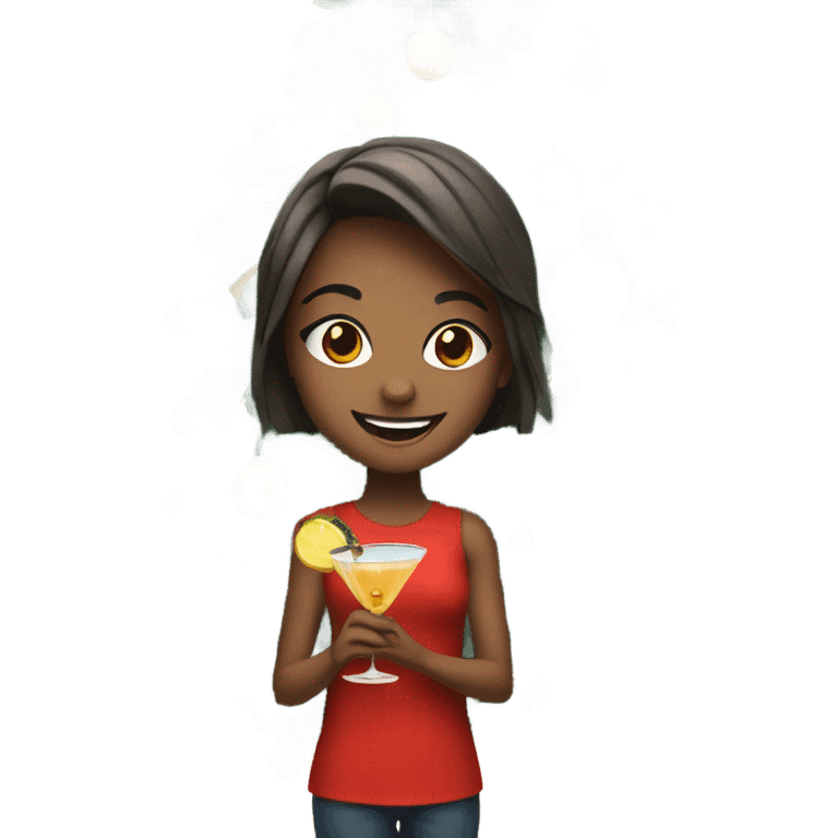 smiling girl by christmas tree with a cocktail emoji