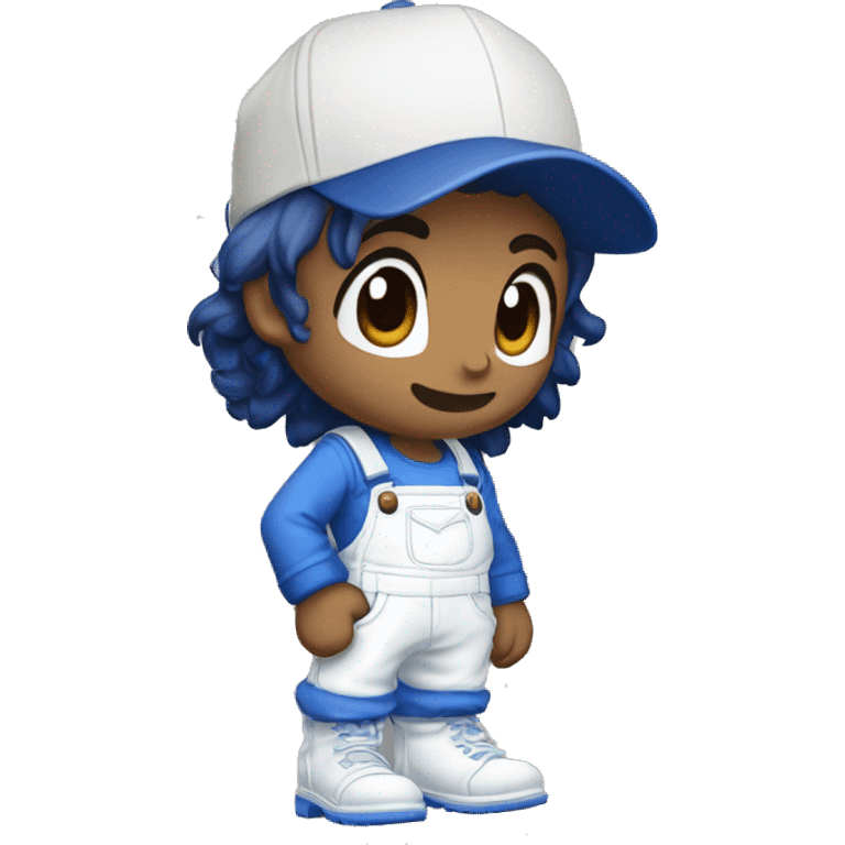 Black messy hair, white overalls, blue long sleeve shirt, Blue eyes, Brown shoes, white gloves, S in the blue cap logo, Smg4, Tan emoji