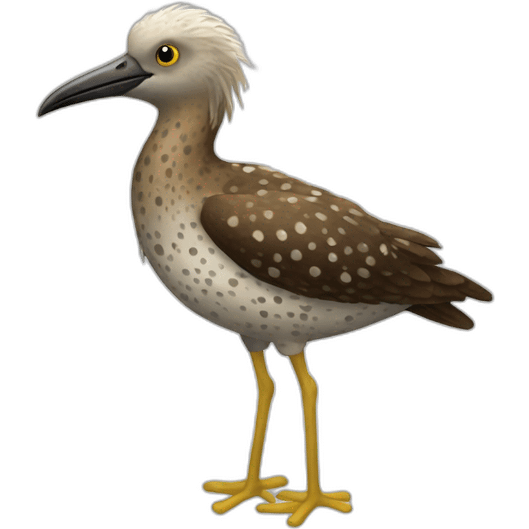 fluffy brown speckled sea bird with white spots and long legs and yellow beak emoji