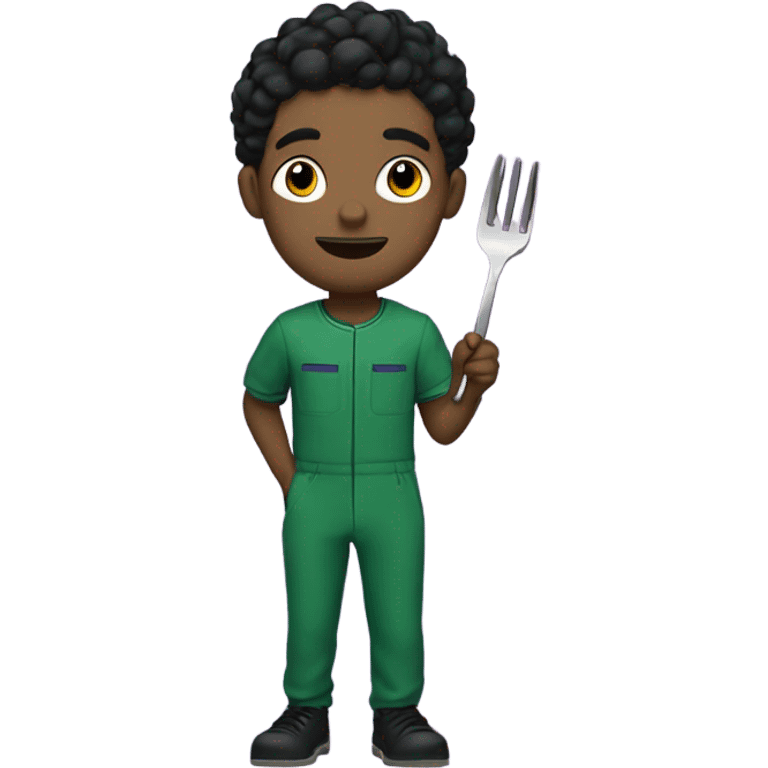 A young man with no facial hair, and hair that is part black part purple. The man has a green jumpsuit that says 230 on it and he is holding up a metal fork emoji