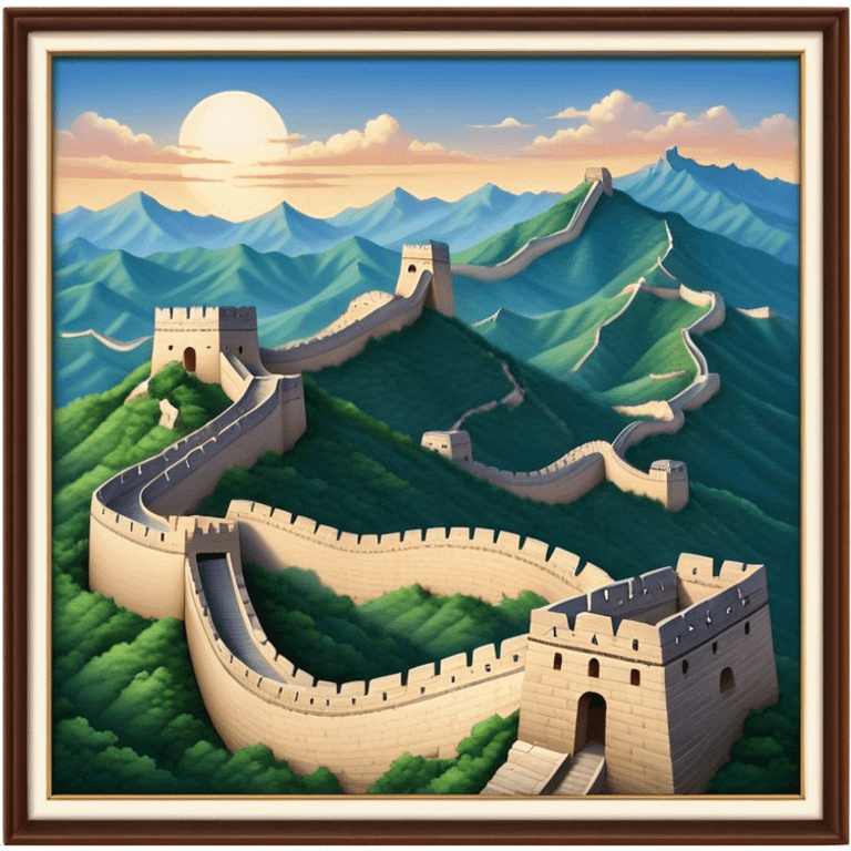 Cinematic Realistic Great Wall of China Landmark Emoji, depicted as ancient fortifications winding across majestic mountains, rendered with intricate detail and dramatic lighting. emoji