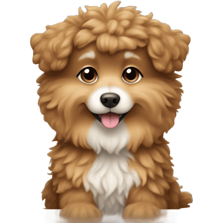 Small fluffy curly dog in light brown color with white color on the chest sitting with squirrel emoji