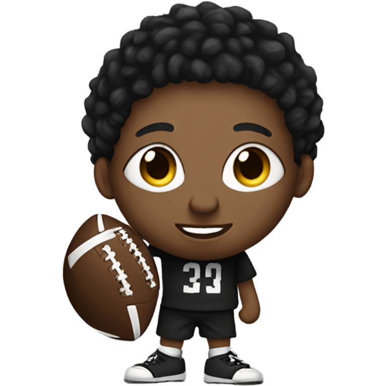 black boy with short dreads holding a black and white round football with high cheek bones and big eyes wearing a black hoodie   emoji