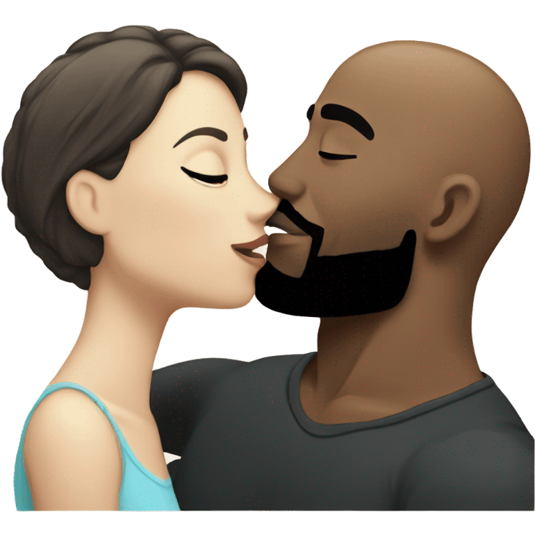 White brunette kissing muscular black bald man with beard emoji