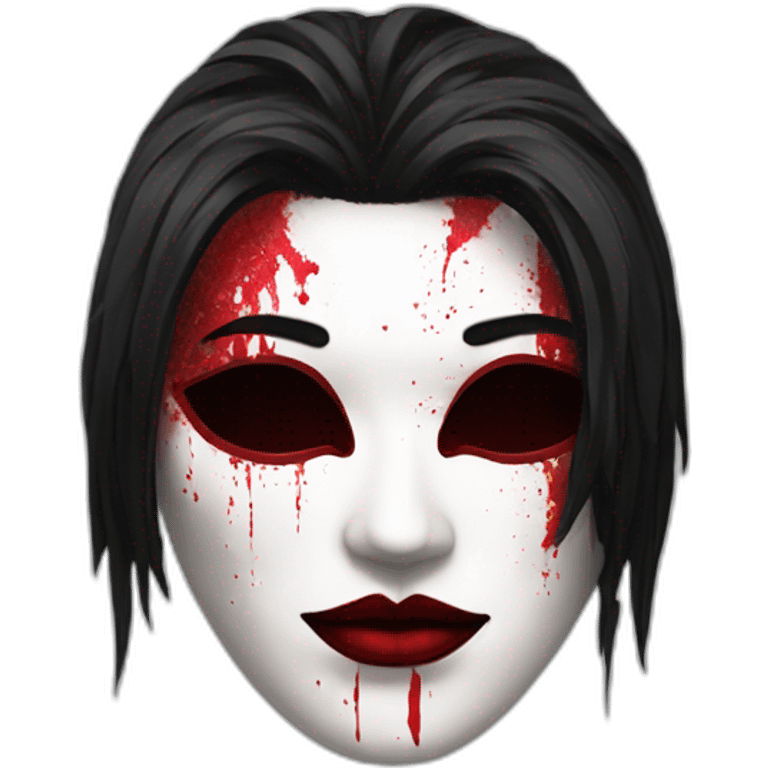 Mask with a pale complexion with heavy makeup and disheveled black hair, adorned with red splatters emoji