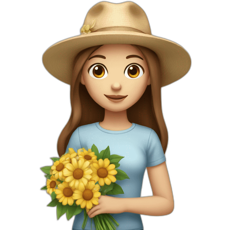 white skin, Girl with a hat, brown hair straight to the shoulders, holding a bouquet of flowers emoji