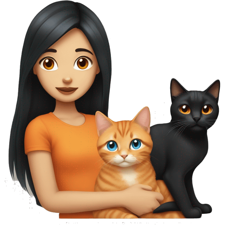 blue eyed girl with long black hair holding one chubby orange tabby cat emoji