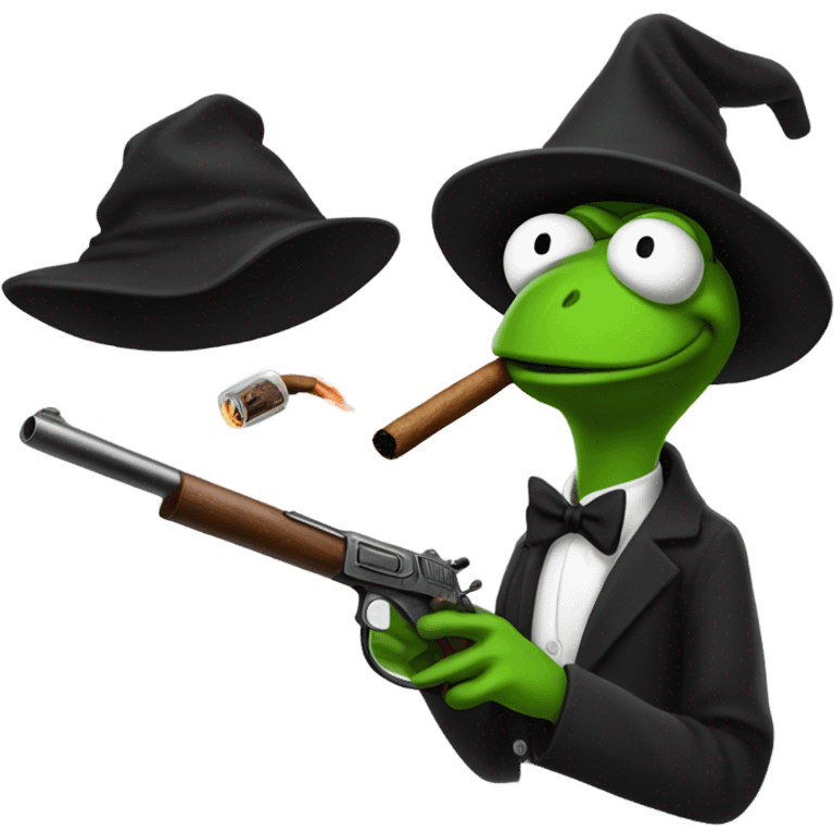 Black Hooded kermit with a gun and smoking cigar  emoji