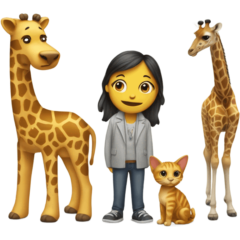 a dog with a cat, under a giraffe and a person looking emoji