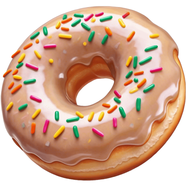 Cinematic Realistic Donut Dessert Emoji, depicted as a fluffy glazed donut with colorful sprinkles rendered with detailed textures and playful, warm lighting. emoji