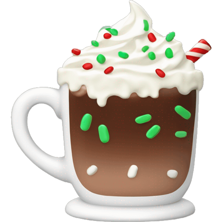 mug of hot chocolate with whipped cream and green and red sprinkles emoji