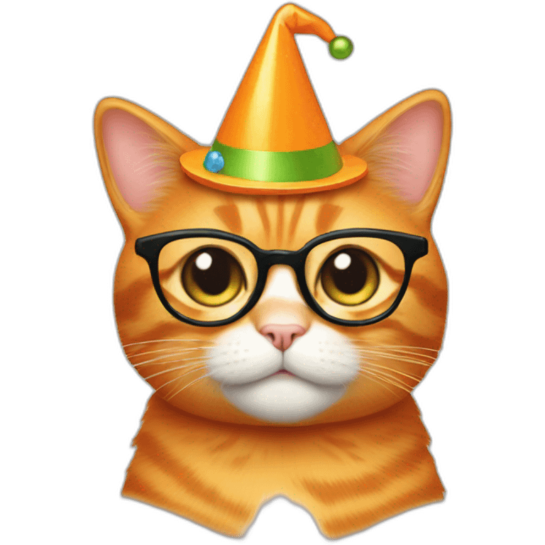 A pregnant orange cat with specs and party hat emoji