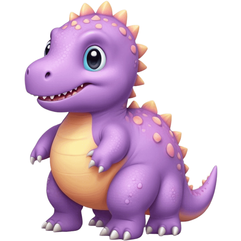 Cinematic tiny pastel dinosaur, chubby round body, tiny feet, big sparkling eyes, soft glowing colors, happy and friendly expression, radiating warmth. emoji