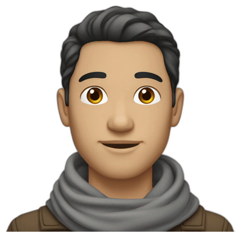 man with light skin tone and long straight dark hair down to his chin with a wavy hairstyle and a thin nose wearing a long gray scarf emoji