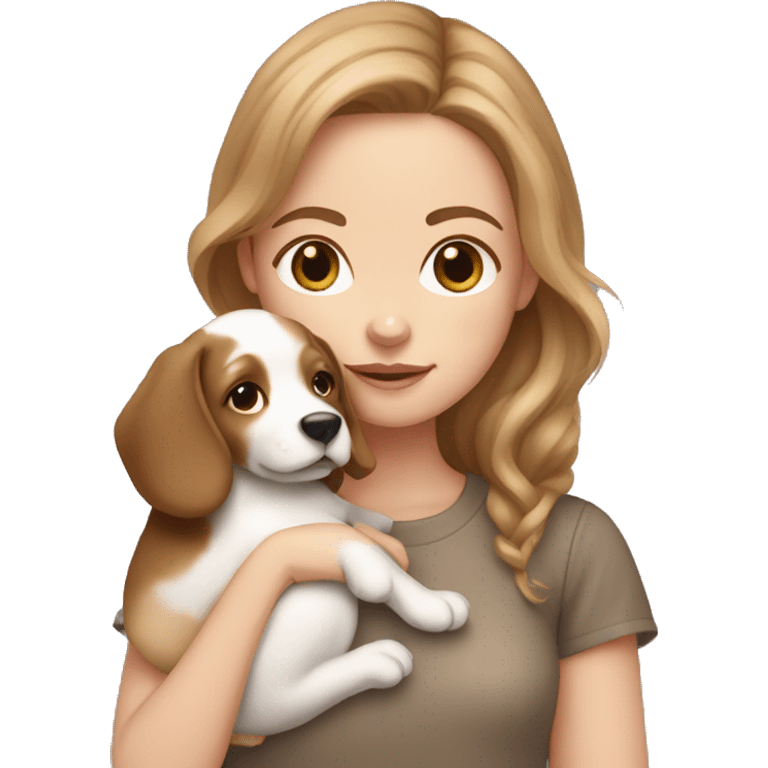 White girl with light brown hair holding a doodle puppy emoji