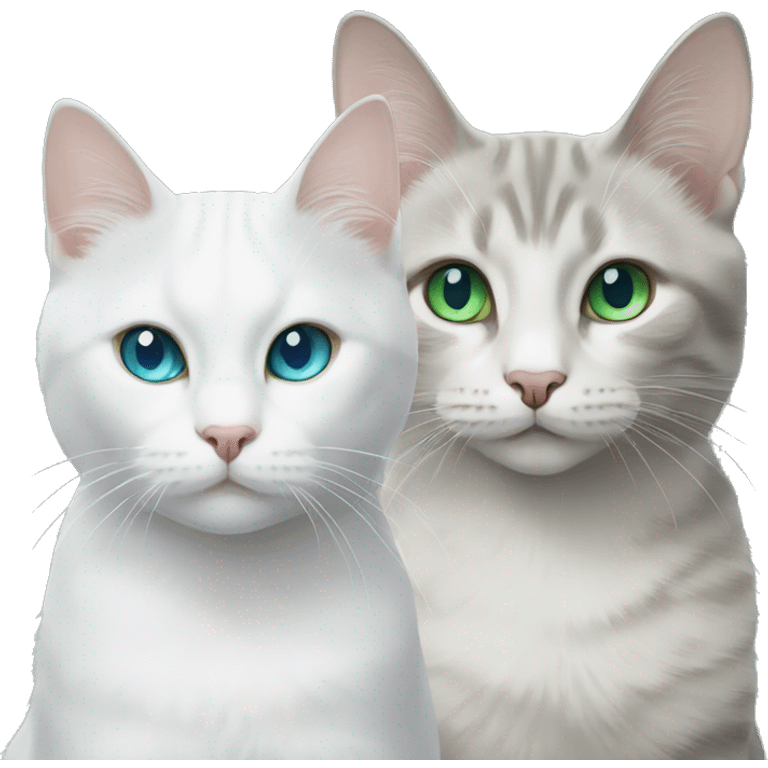 white cat with blue eyes and tabby grey cat with green eyes emoji