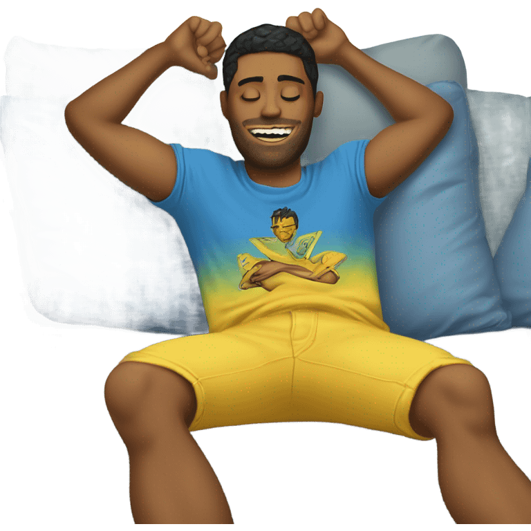 A person lying on a sofa, legs crossed with hands behind the head, relaxing in a cozy setting, yellow skin, Ed Hardy t-shirt, blue jeans emoji