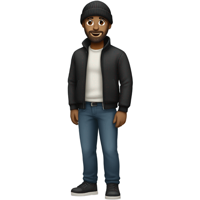 Black bald man with a beard and beanie full body emoji