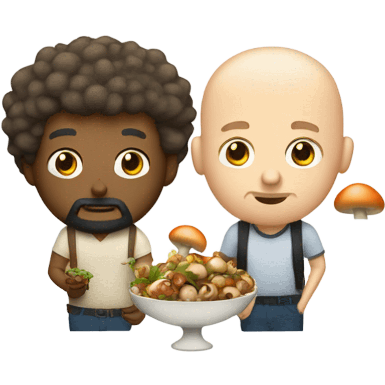 Bald white man with beard and curly haired Filipino eating mushrooms emoji