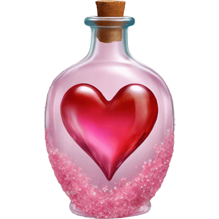 Antique oil heart bottle made of crystal glass of all gentle colors of the red and pink, a living flower fairy sits at the bottom of the bottle emoji