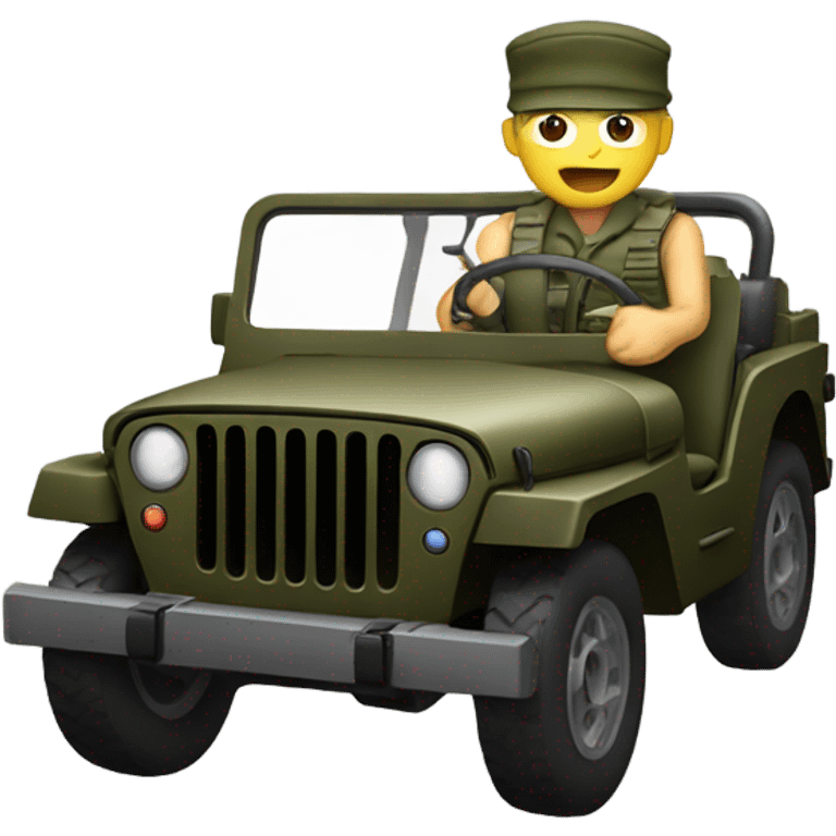 A soldier driving a jeep without a roof, hands on the steering wheel. emoji