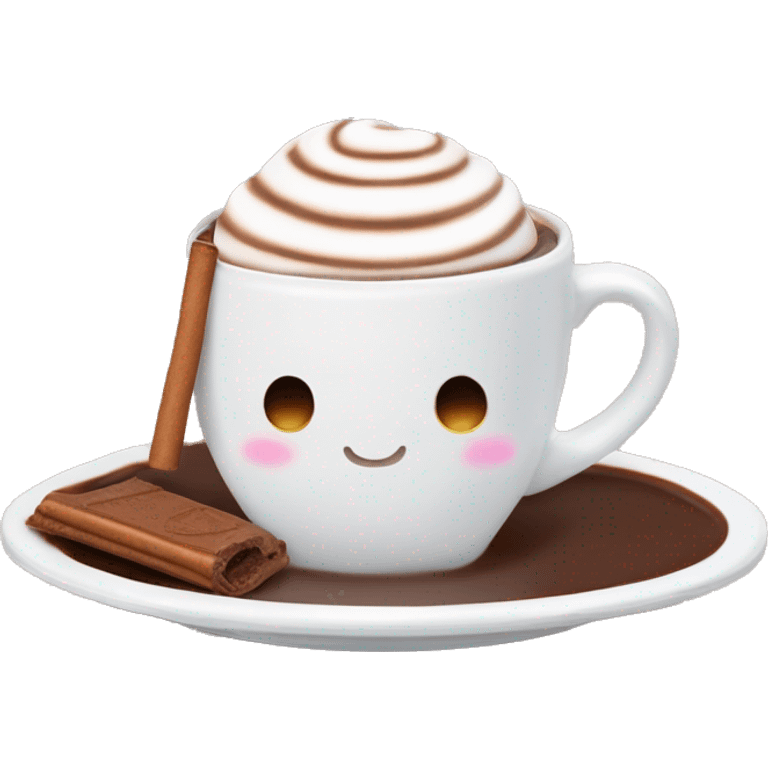 hot chocolate with a cinnamonoroll on the plate and ą marshmallow inside the cup emoji