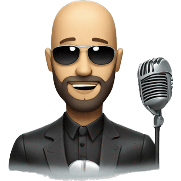 a head of a bald brazilian man with a beard, wering a futuristic suit, singer emoji