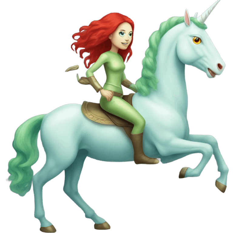 [politically incorrect
	{ woman: alien, color: light green, hair:red, eyes:cat} ]
	on a 
	[{ unicorn: white, legged:four, mane: light blue }] emoji