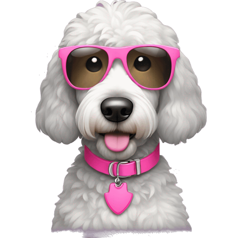 Grey and white golden doodle with pink collar and sunglasses emoji