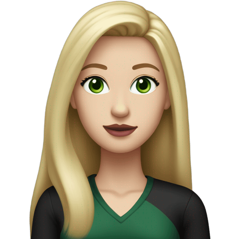 Caucasian woman, long blonde straight hair, dark greens eyes, pink lips, v-cut black long sleeve, eyelashes emoji