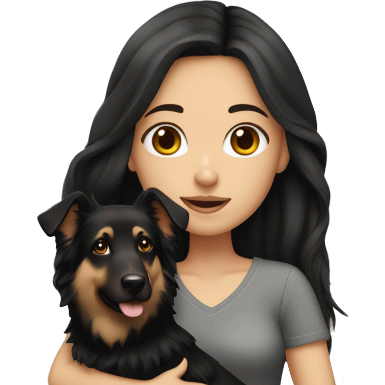 A white girl with long black hair holding a German Shepherd emoji