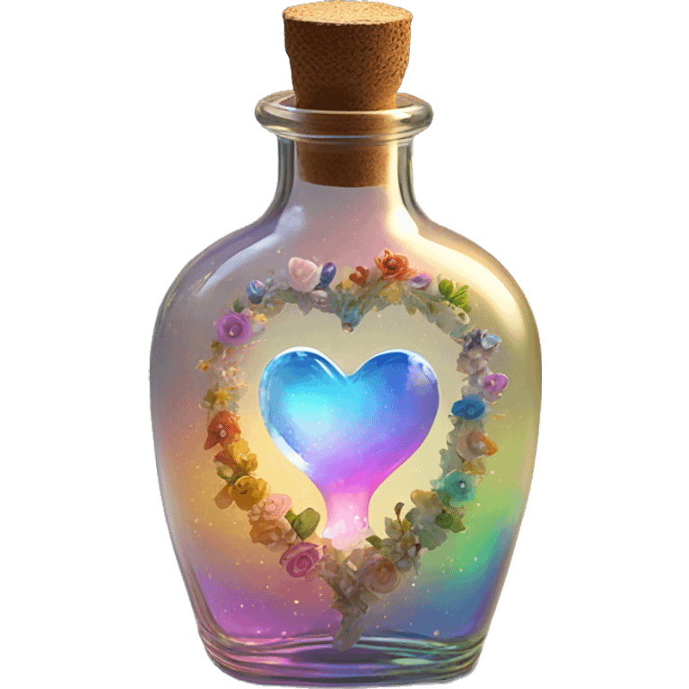 Antique oil heart bottle made of crystal glass of all gentle colors of the light rainbow, a living flower fairy sits at the bottom of the bottle emoji