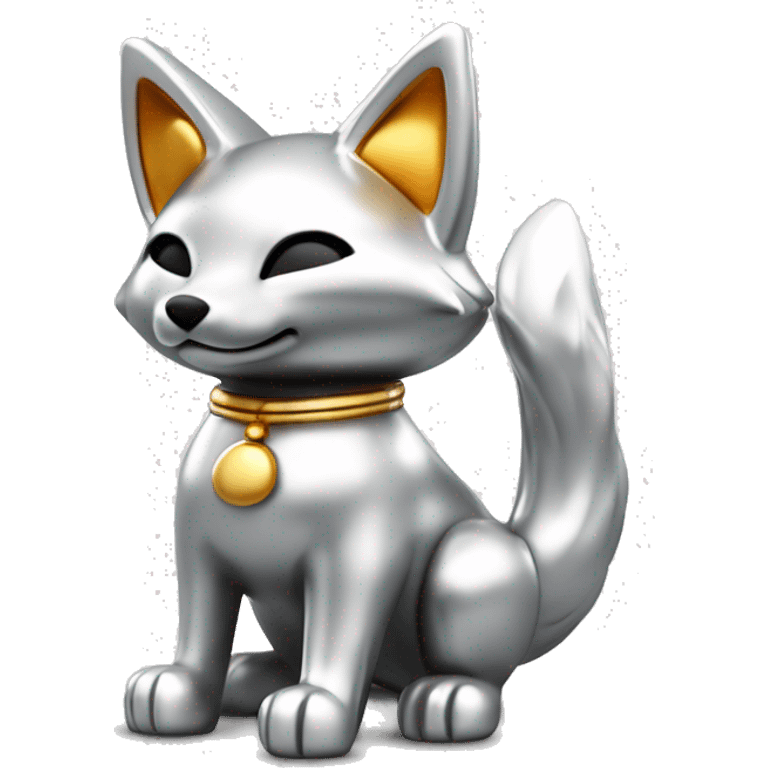 Fully chromed Maneki Neko-style fox statue in iOS emoji style, with smooth, rounded edges, reflective surface with soft light reflections. Minimalist features like the tail, raised paw, and coin. Plain white background to emphasize the chrome texture. emoji