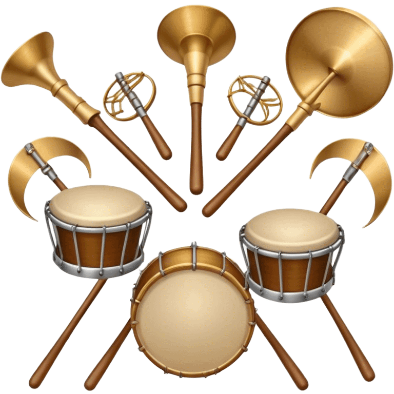 Create a heraldic, festive, and professional emblem-like emoji representing percussion instruments. The design should resemble a traditional crest, featuring a range of percussion instruments like cymbals, triangle, tambourine, maracas, timpani, and other traditional and folk percussion instruments. Arrange them symmetrically, with elements like cymbals crossing each other, a triangle at the center, and timpani or drums flanking the sides. The instruments should be depicted with metallic and wooden tones—shiny brass for cymbals, silver for the triangle, and rich wood or polished bronze for drums. Include ornate details like engraved patterns on the instruments, decorative swirls or laurels, and subtle accents to add elegance and festivity to the composition. The overall design should be cohesive, balanced, and visually striking, suitable for use as a prestigious emblem. The background should be transparent. emoji