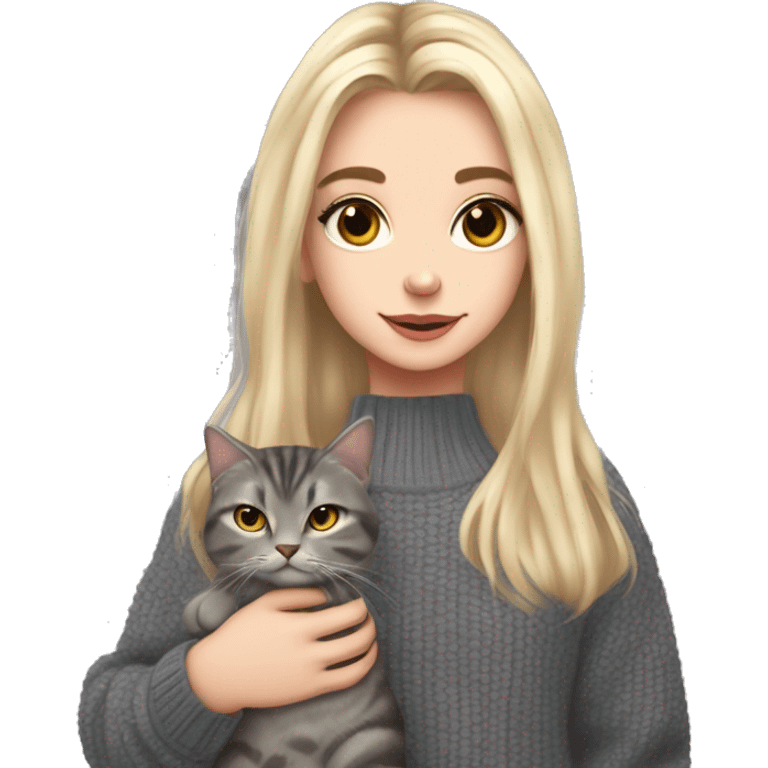 Blond chin lenght hair girl with a curtain bangs and middle part in a HEX code #cde3fd coloured sweater holding a dark grey tabby cat with white paws and face emoji