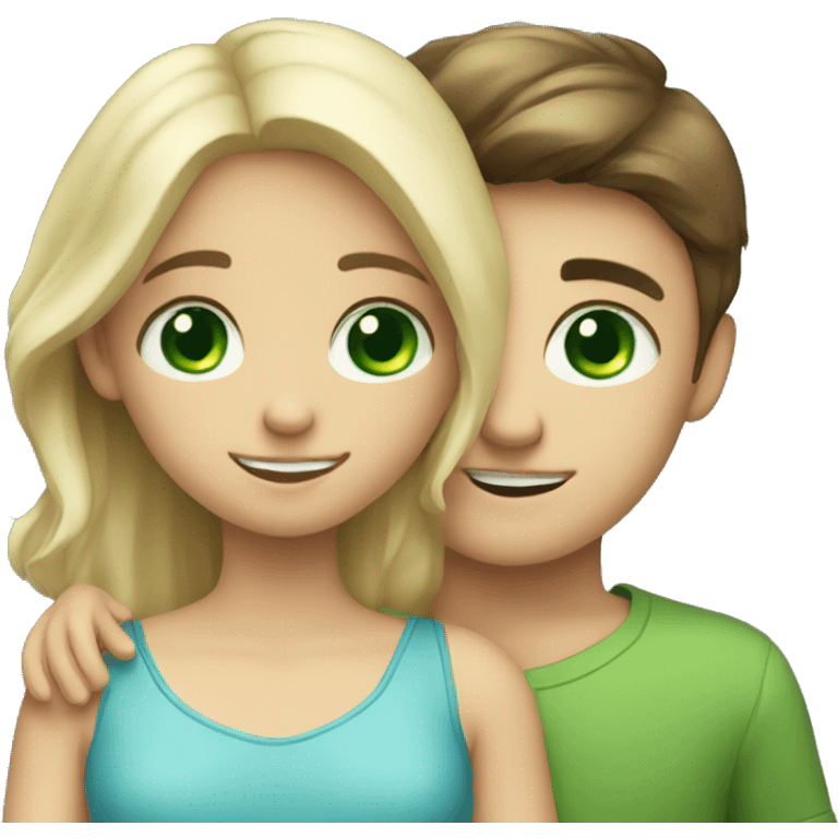 blonde boy with blue eyes and brunette girl with green eyes hugging emoji