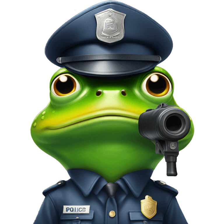 frog with policehat and serious expression looking towards camera three quarters holding watergun facing camera emoji