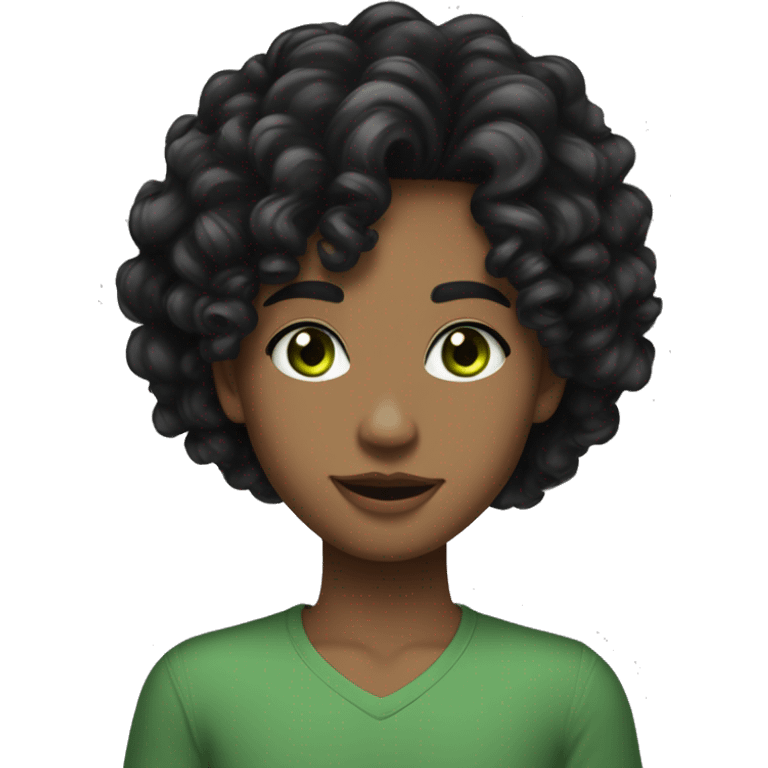 long curly black hair,eyes with a hint of green, eyes positive  canthal tilt ,medium thick shaped eyebrows , and medium thin lips, round face shape, soft jawline, full body, teen, sensual, american emoji