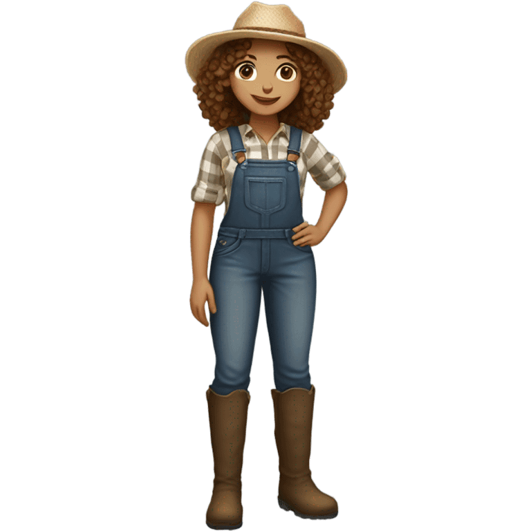 full body farmer girl standing, LIGHT skin tone, brown curly hair, dark eyes emoji