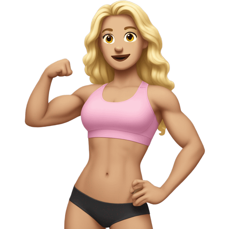 White woman, long hair, blonde hair, wavy hair, baby pink sports bra, flexing right arm emoji