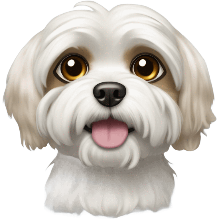 A white maltese / shitzoo dog with tan spots, curly fur and big eyes emoji