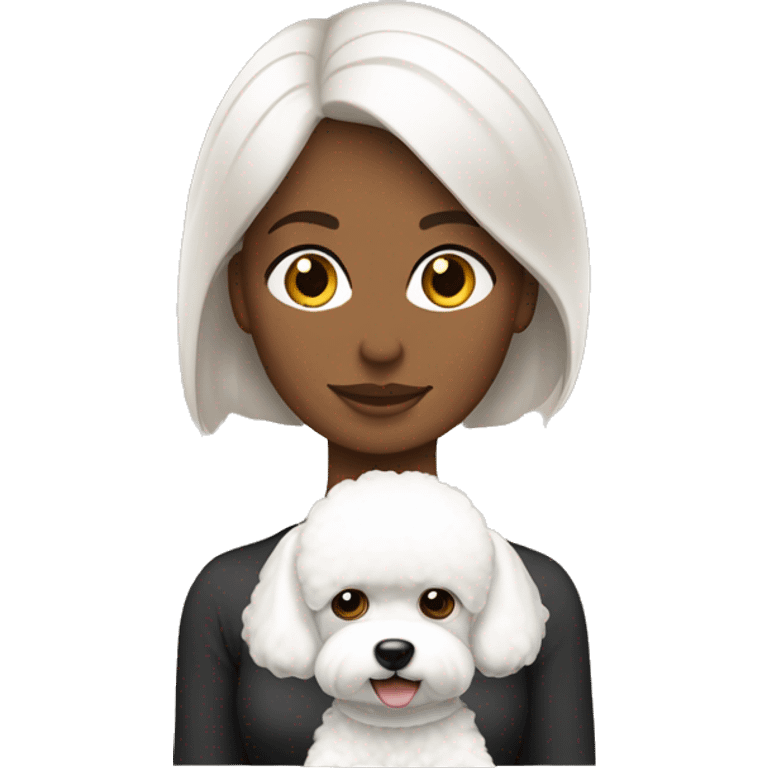 mujer con peinado largo liso marron con perro bichon blanco emoji